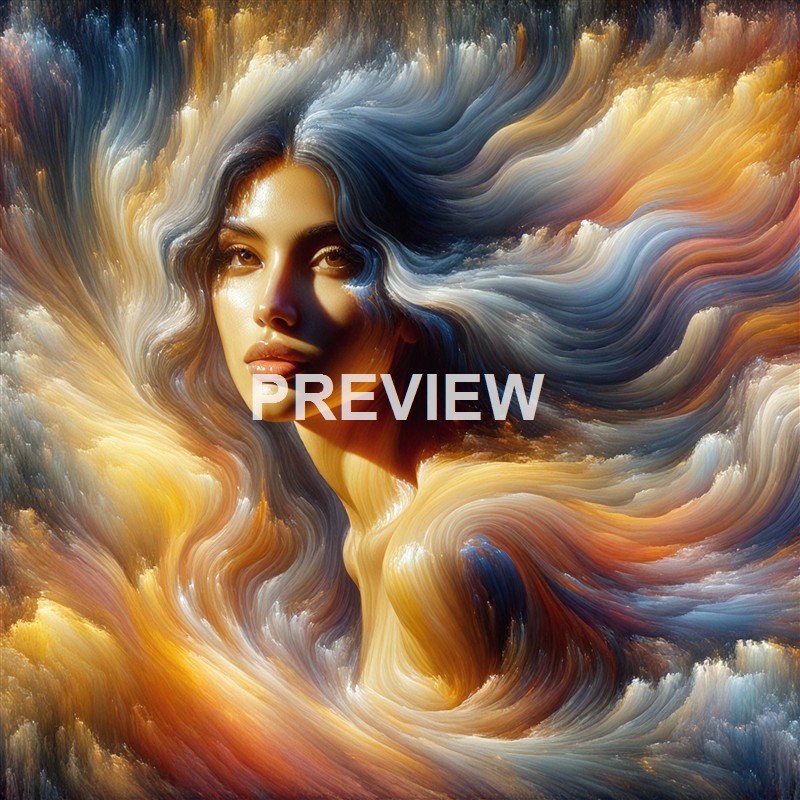 A surreal digital artwork of a woman's face with flowing, multicolored hair that resembles swirling clouds or waves, blending seamlessly into a vibrant, abstract background.